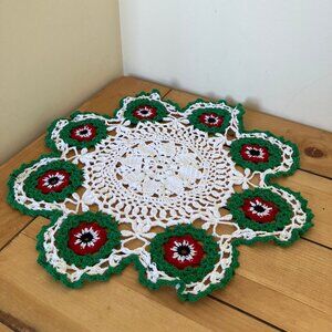 Hand Crochet Poppy Flower Lace Doily Vintage Red Green White Centerpiece Doilies